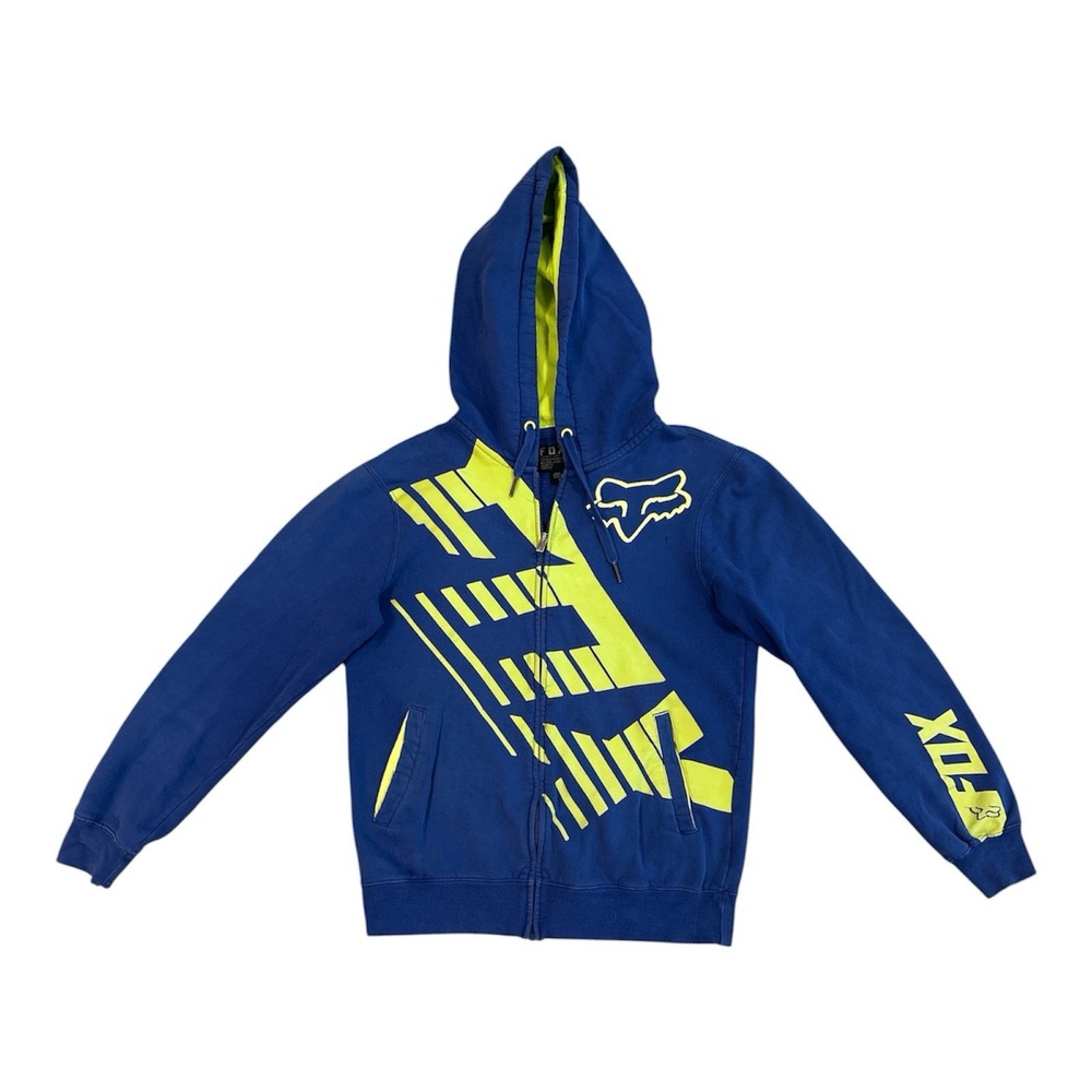 Fox Racing Full-Zip Fleece Hoodie Small Blue/Neon Savant Y2K Distressed Sleeves*